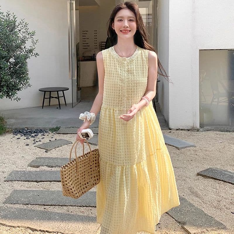 원본 것 있음 네리 밝은 노란색 색상 후아 남편 그리드 민소매 새로운 도파민 달콤함 작은 키 프랑스식 조끼 스커트 이미지 5