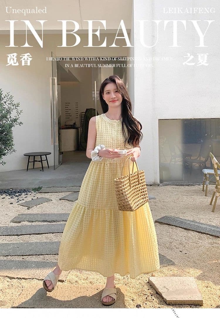 원본 것 있음 네리 밝은 노란색 색상 후아 남편 그리드 민소매 새로운 도파민 달콤함 작은 키 프랑스식 조끼 스커트 상세 이미지 1