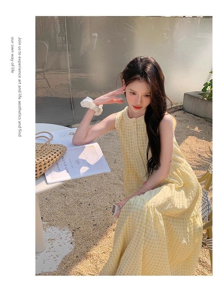 원본 것 있음 네리 밝은 노란색 색상 후아 남편 그리드 민소매 새로운 도파민 달콤함 작은 키 프랑스식 조끼 스커트 상세 이미지 9