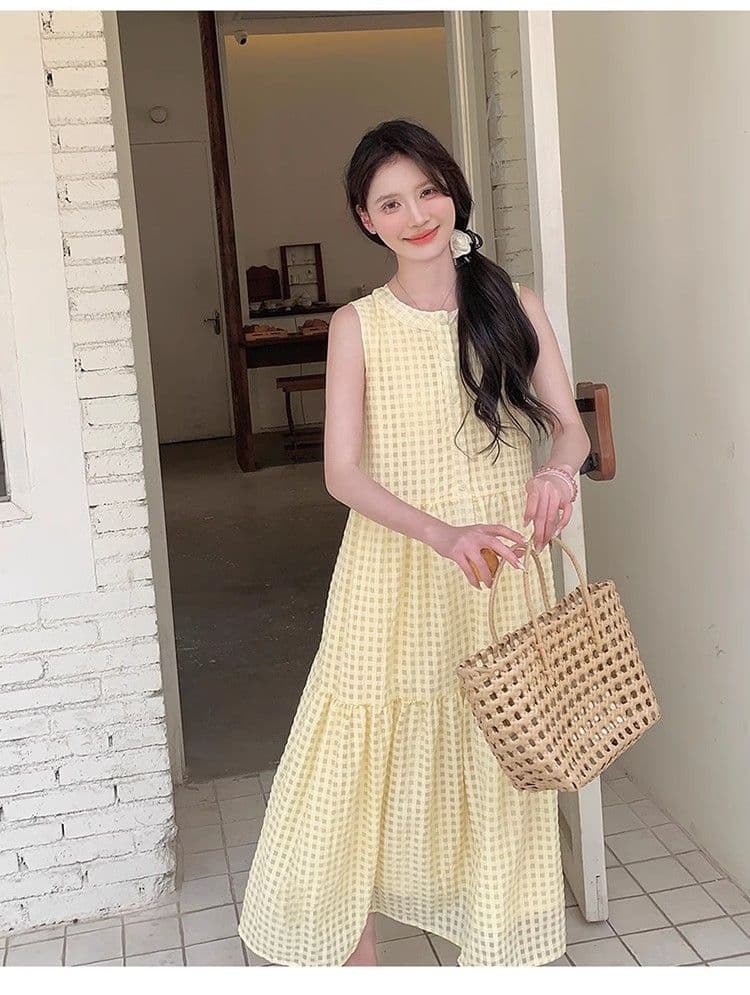 원본 것 있음 네리 밝은 노란색 색상 후아 남편 그리드 민소매 새로운 도파민 달콤함 작은 키 프랑스식 조끼 스커트 상세 이미지 13
