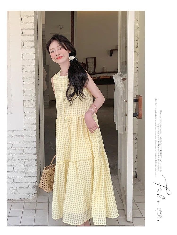 원본 것 있음 네리 밝은 노란색 색상 후아 남편 그리드 민소매 새로운 도파민 달콤함 작은 키 프랑스식 조끼 스커트 상세 이미지 14