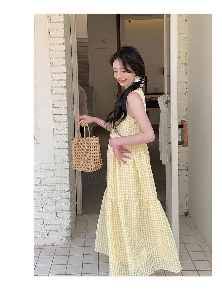 원본 것 있음 네리 밝은 노란색 색상 후아 남편 그리드 민소매 새로운 도파민 달콤함 작은 키 프랑스식 조끼 스커트 상세 이미지 15