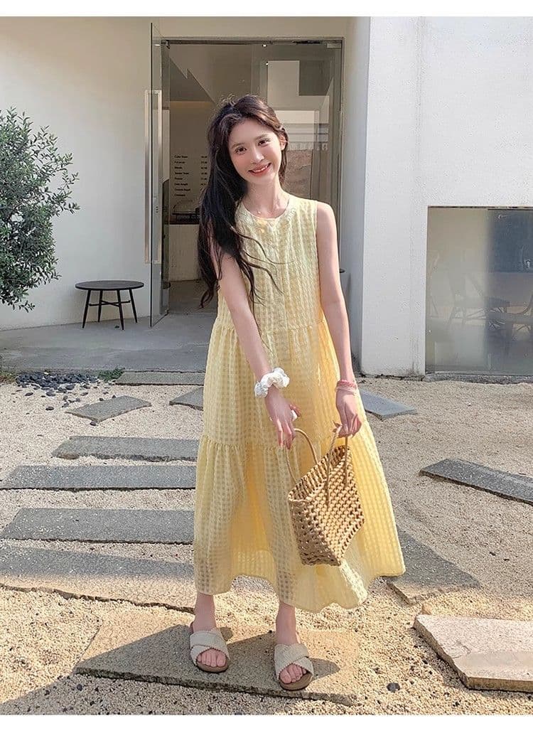 원본 것 있음 네리 밝은 노란색 색상 후아 남편 그리드 민소매 새로운 도파민 달콤함 작은 키 프랑스식 조끼 스커트 상세 이미지 16