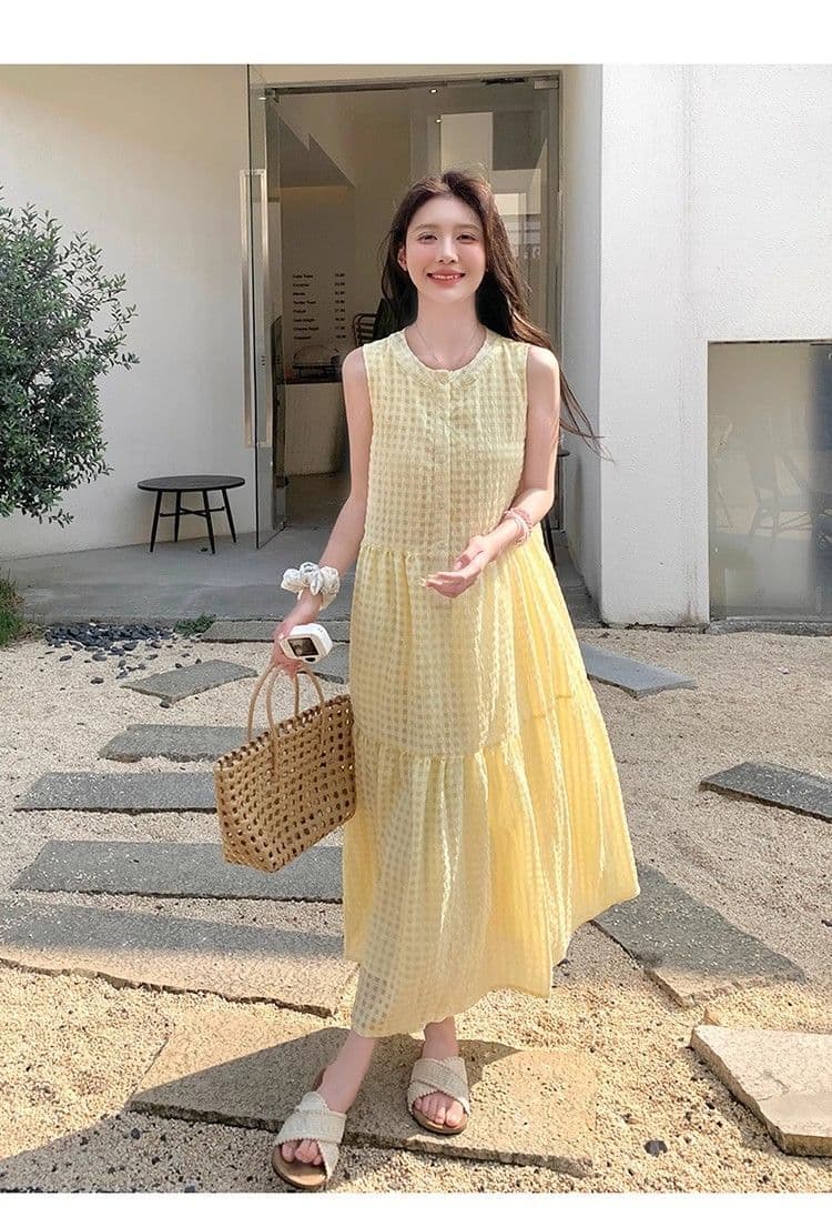 원본 것 있음 네리 밝은 노란색 색상 후아 남편 그리드 민소매 새로운 도파민 달콤함 작은 키 프랑스식 조끼 스커트 상세 이미지 17