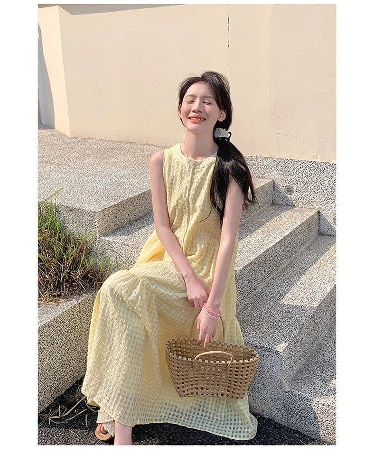 원본 것 있음 네리 밝은 노란색 색상 후아 남편 그리드 민소매 새로운 도파민 달콤함 작은 키 프랑스식 조끼 스커트 상세 이미지 19