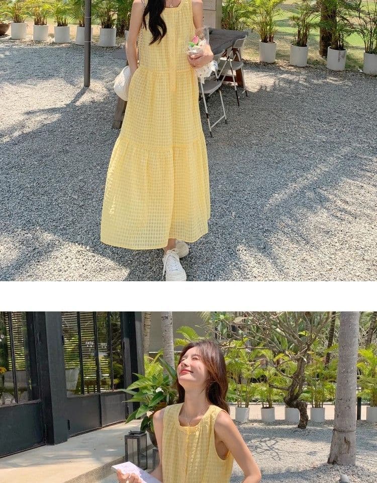 원본 것 있음 네리 황색 해변가 해변 드레스 체크무늬 민소매 드레스 휴가 바람 조끼 여성 드레스 상세 이미지 6
