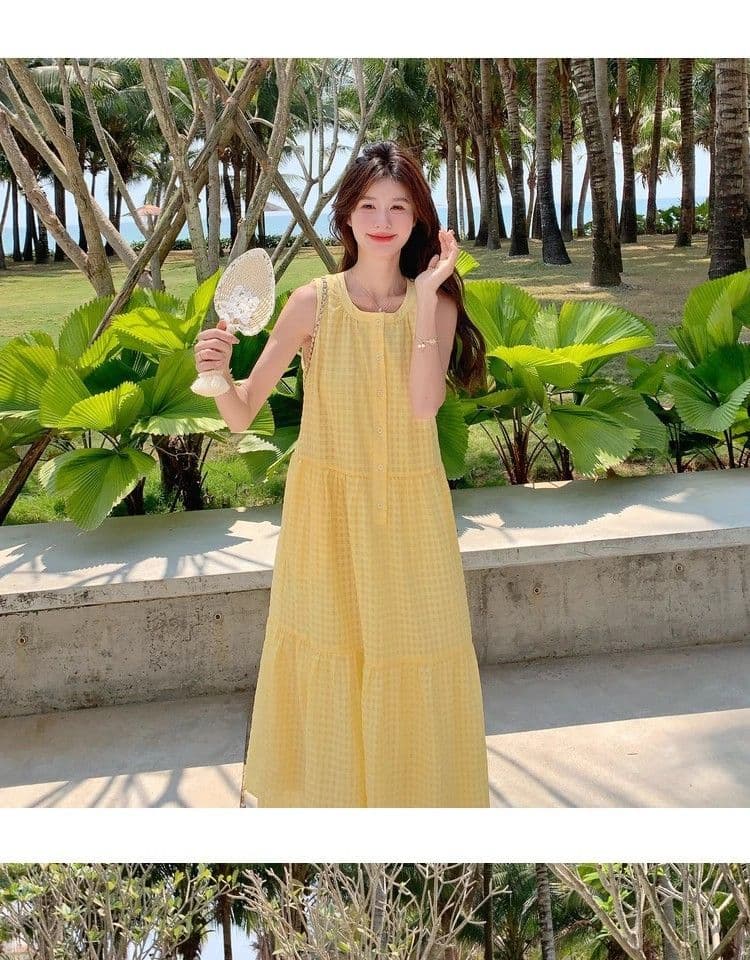 원본 것 있음 네리 황색 해변가 해변 드레스 체크무늬 민소매 드레스 휴가 바람 조끼 여성 드레스 상세 이미지 20