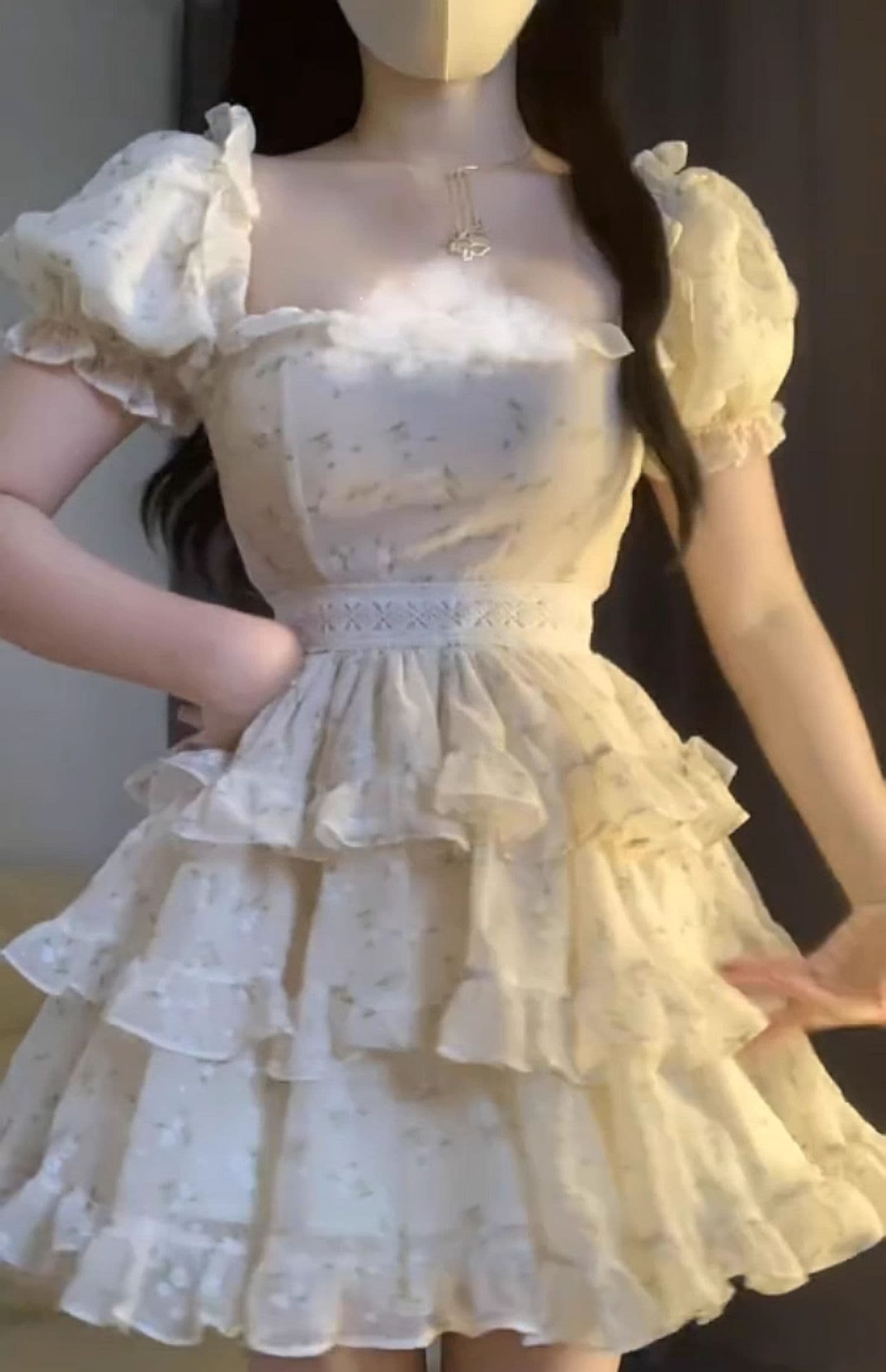 발레 바람 차 휴식 프랑스식 고유 한 드레스 슈퍼 잘 생긴 슈퍼 요정 품격 광장 칼라 허리 수축 케이크 퍼프 스커트 새로운 상세 이미지 2