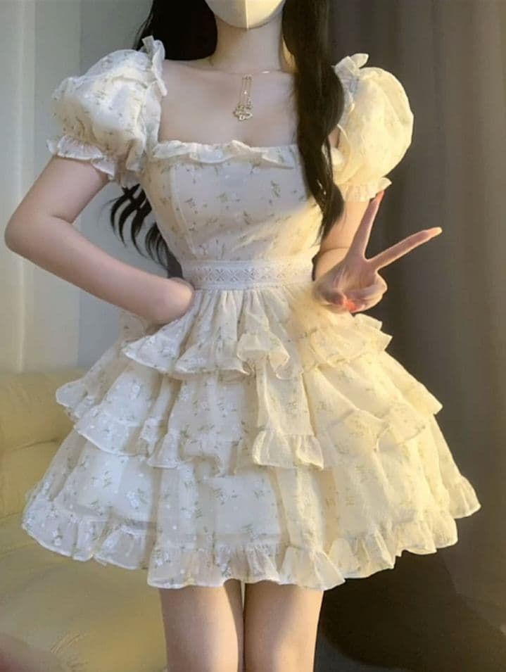 발레 바람 차 휴식 프랑스식 고유 한 드레스 슈퍼 잘 생긴 슈퍼 요정 품격 광장 칼라 허리 수축 케이크 퍼프 스커트 새로운 상세 이미지 3