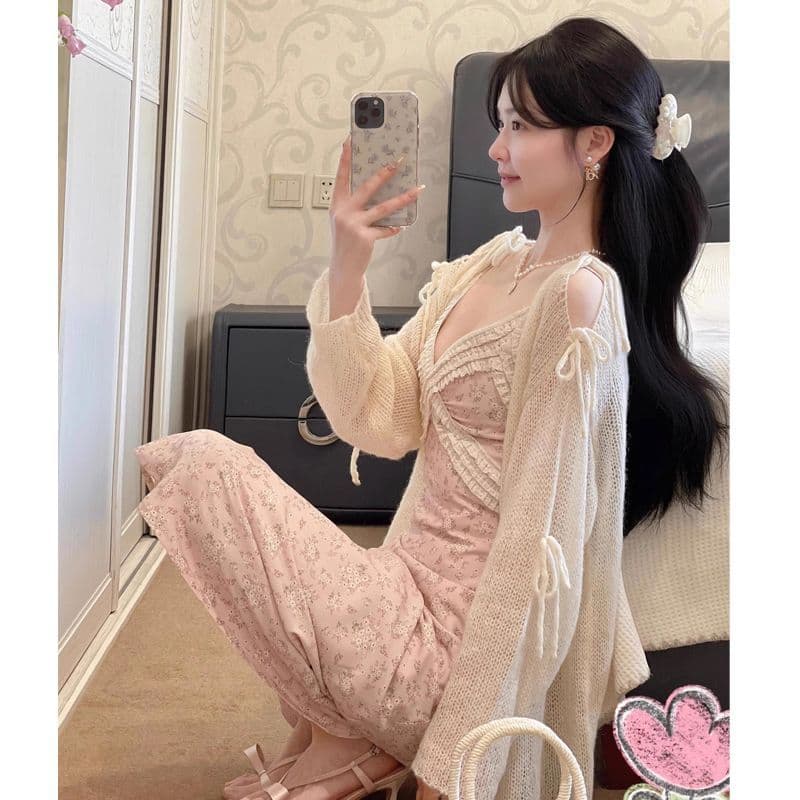 여름 새로운 프랑스식 순수한 욕망 바람 V넥 꽃무늬 슬립 여성 드레스 슬립 레이스 조각 허리 수축 길다 치마
