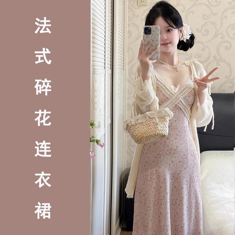 여름 새로운 프랑스식 순수한 욕망 바람 V넥 꽃무늬 슬립 여성 드레스 슬립 레이스 조각 허리 수축 길다 치마 이미지 4