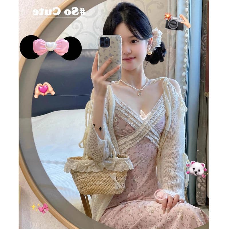여름 새로운 프랑스식 순수한 욕망 바람 V넥 꽃무늬 슬립 여성 드레스 슬립 레이스 조각 허리 수축 길다 치마 이미지 3