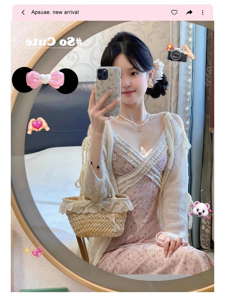 여름 새로운 프랑스식 순수한 욕망 바람 V넥 꽃무늬 슬립 여성 드레스 슬립 레이스 조각 허리 수축 길다 치마 상세 이미지 1