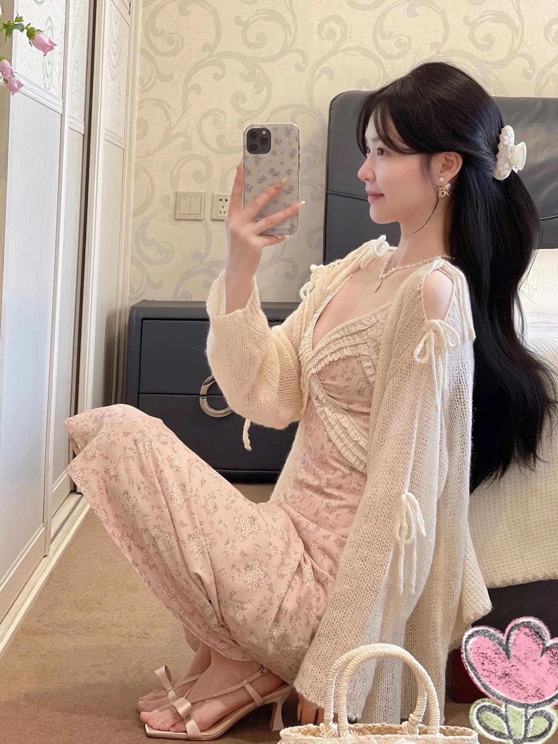 여름 새로운 프랑스식 순수한 욕망 바람 V넥 꽃무늬 슬립 여성 드레스 슬립 레이스 조각 허리 수축 길다 치마 상세 이미지 8