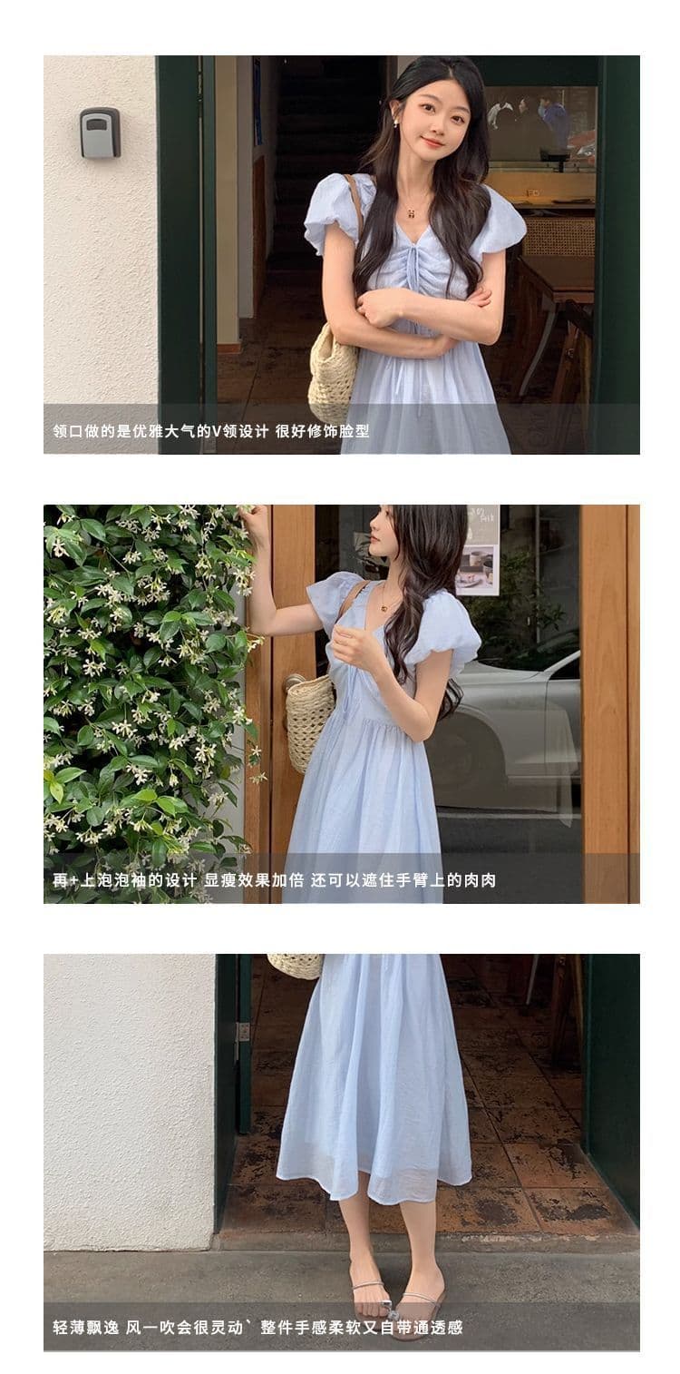 한국 chic 가을 프랑스식 부드러운 품격 펌프 로프 V넥 버블 반팔 하이웨이스트 큰 진자 요정 여성 드레스 상세 이미지 4