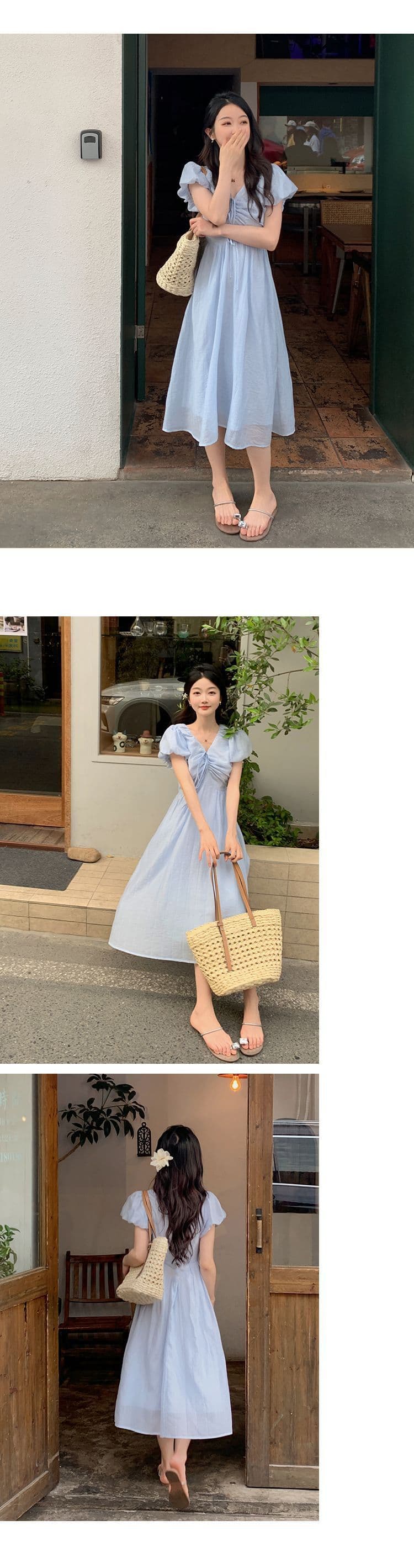 한국 chic 가을 프랑스식 부드러운 품격 펌프 로프 V넥 버블 반팔 하이웨이스트 큰 진자 요정 여성 드레스 상세 이미지 8