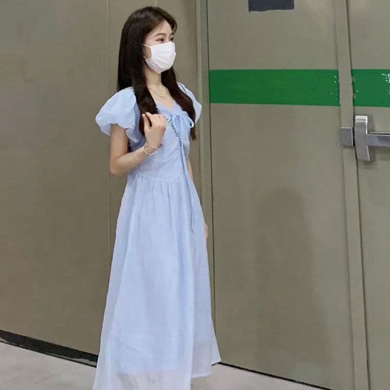 달콤함 부드러운 바람 품격 연령 감소 V넥 파란색 드레스 여자 학생 가을 새로운 허리 수축 중간 길이 A라인 스커트 이미지 3
