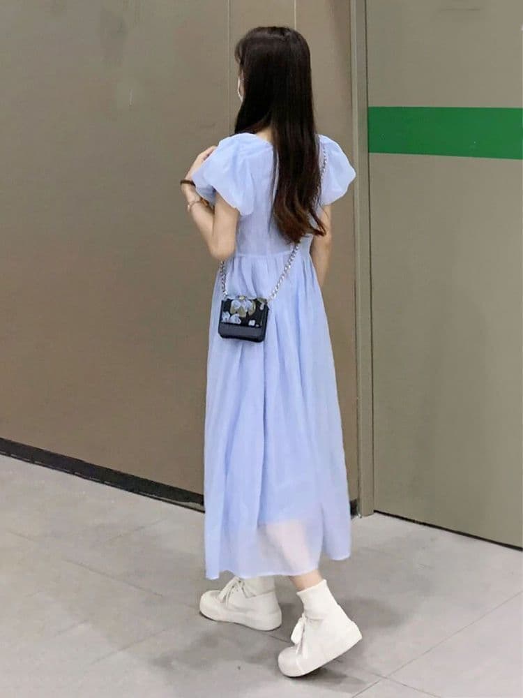 달콤함 부드러운 바람 품격 연령 감소 V넥 파란색 드레스 여자 학생 가을 새로운 허리 수축 중간 길이 A라인 스커트 상세 이미지 2