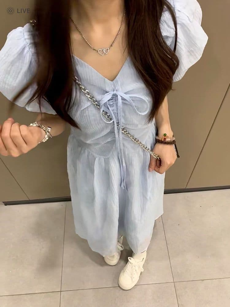 달콤함 부드러운 바람 품격 연령 감소 V넥 파란색 드레스 여자 학생 가을 새로운 허리 수축 중간 길이 A라인 스커트 상세 이미지 4