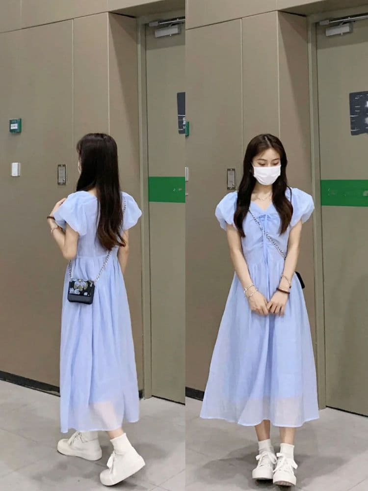 달콤함 부드러운 바람 품격 연령 감소 V넥 파란색 드레스 여자 학생 가을 새로운 허리 수축 중간 길이 A라인 스커트 상세 이미지 5