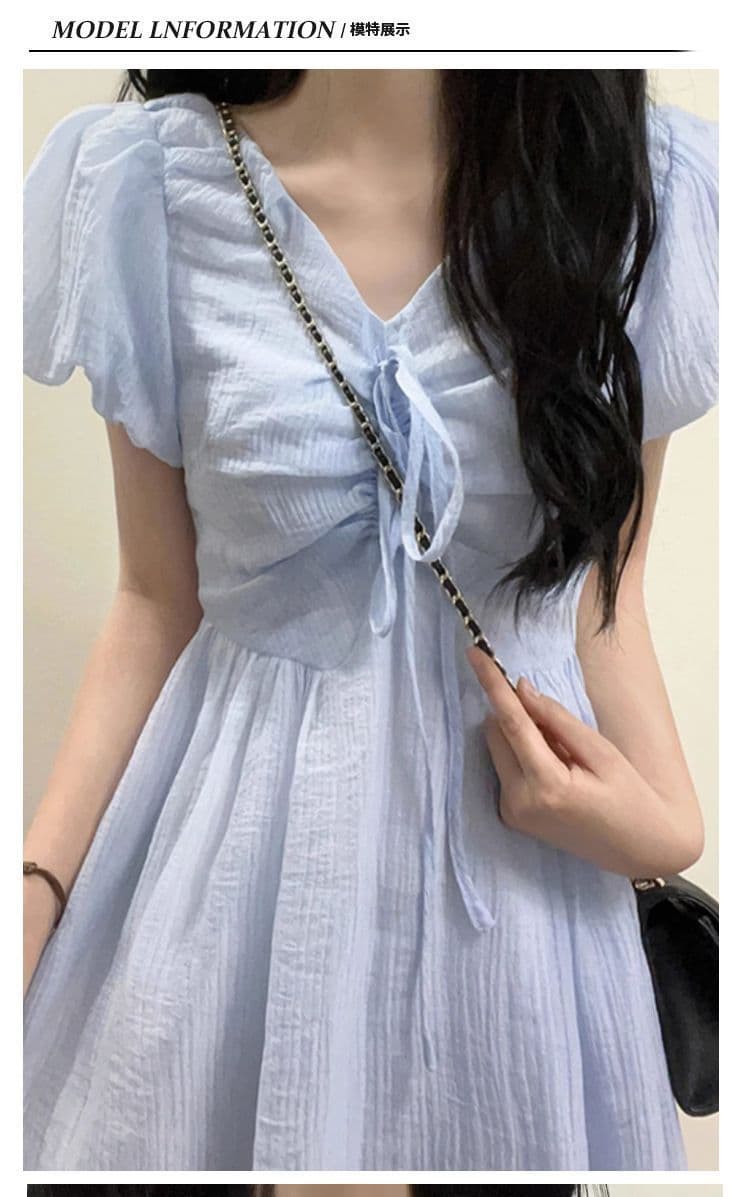 달콤함 부드러운 바람 품격 연령 감소 V넥 파란색 드레스 여자 학생 가을 새로운 허리 수축 중간 길이 A라인 스커트 상세 이미지 6