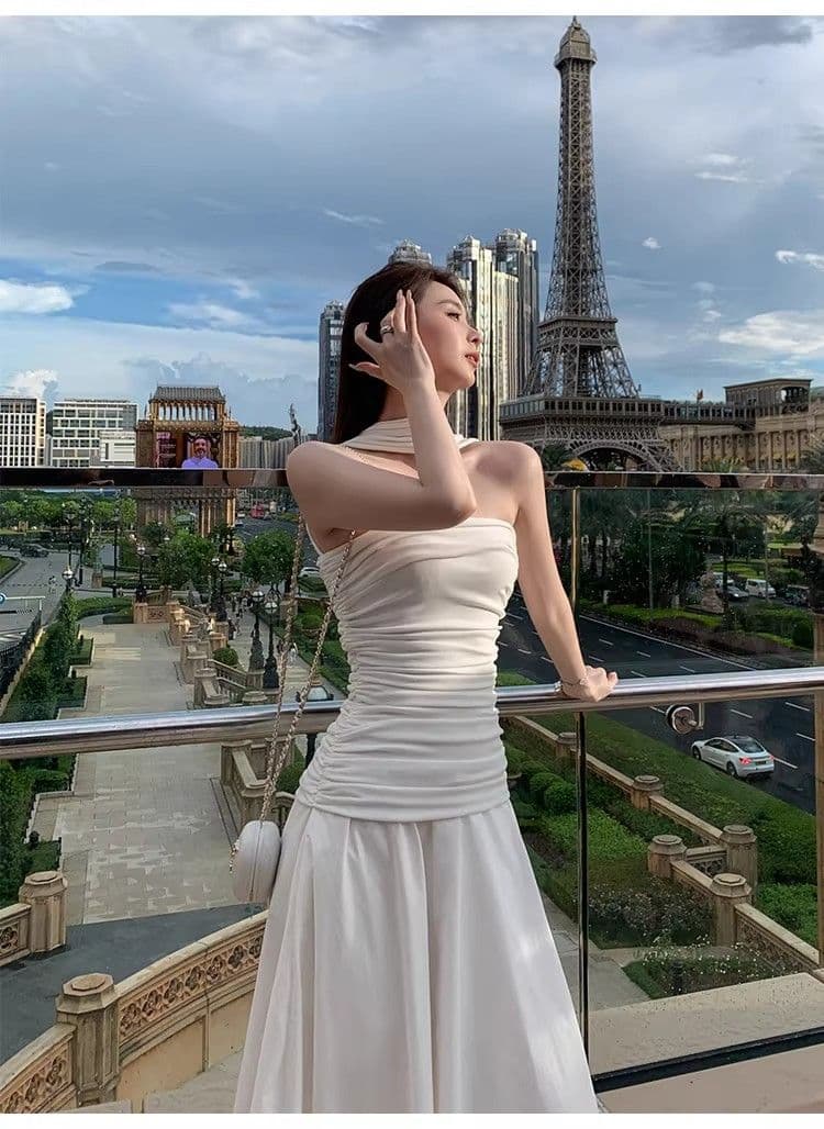 원본 것 있음 네리 프랑스식 첫사랑 하얀 달빛 오프숄더 튜브탑 치마 허리 수축 행침 목 도루 가을 센스 드레스 상세 이미지 4