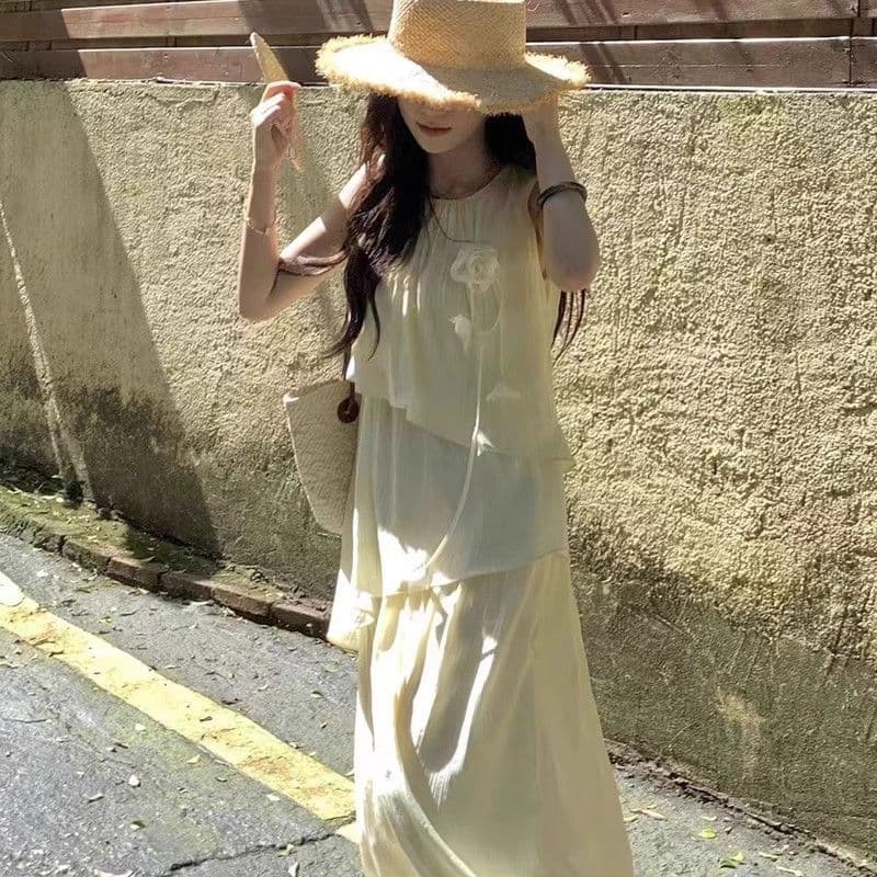 원본 것 있음 네리 불규칙 층 프릴 쉬폰 드레스 루즈핏 표지 배 아름다운 민소매 치마 이미지 5