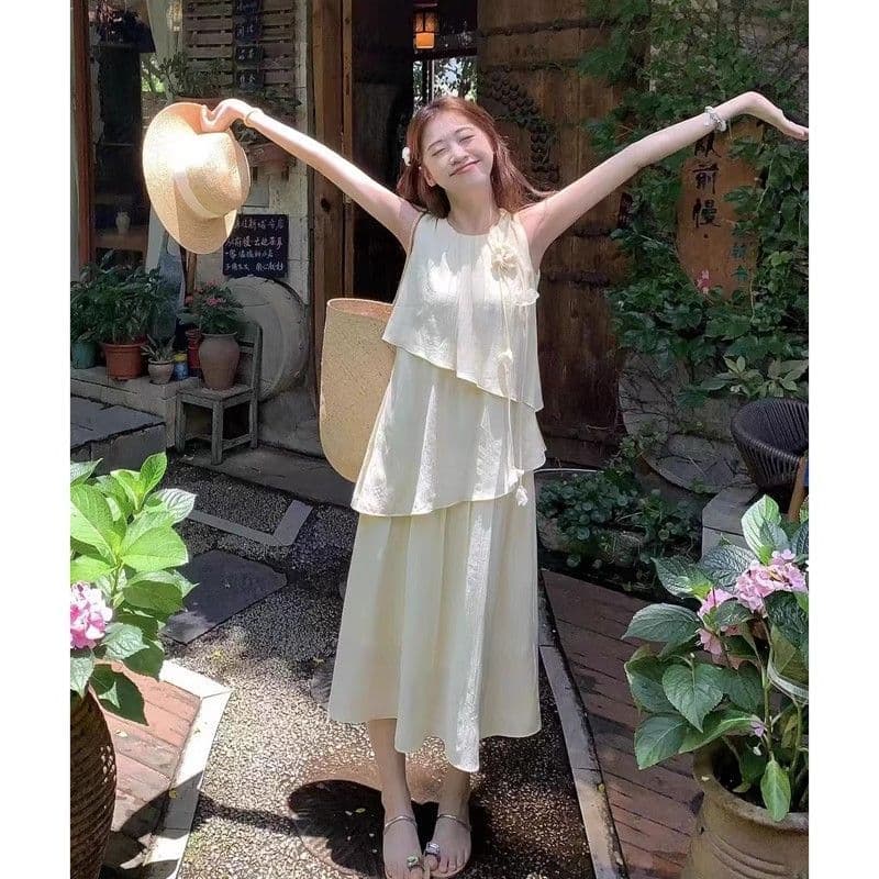 원본 것 있음 네리 불규칙 층 프릴 쉬폰 드레스 루즈핏 표지 배 아름다운 민소매 치마 이미지 4