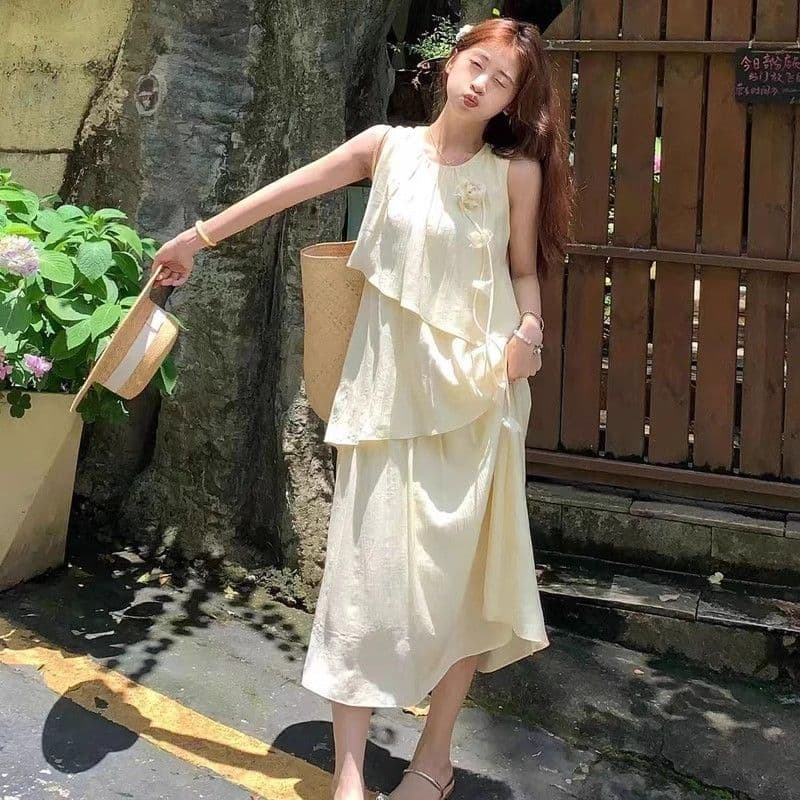 원본 것 있음 네리 불규칙 층 프릴 쉬폰 드레스 루즈핏 표지 배 아름다운 민소매 치마 이미지 3
