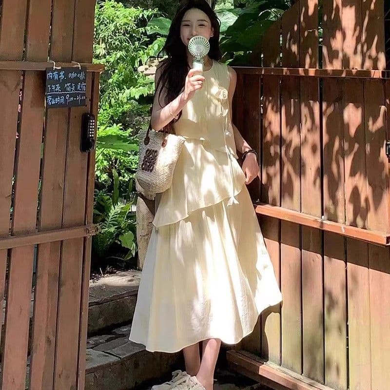 원본 것 있음 네리 불규칙 층 프릴 쉬폰 드레스 루즈핏 표지 배 아름다운 민소매 치마 상세 이미지 3