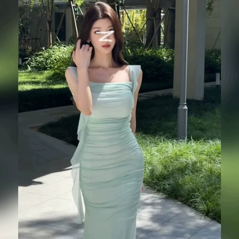 품격 우아함 부드러운 바람 리본 낮은 가슴 슬립 드레스 섹시함 명문 여성 프랑스식 타이트 스커트 인어 꼬리 예복 롱 스커트 이미지 4