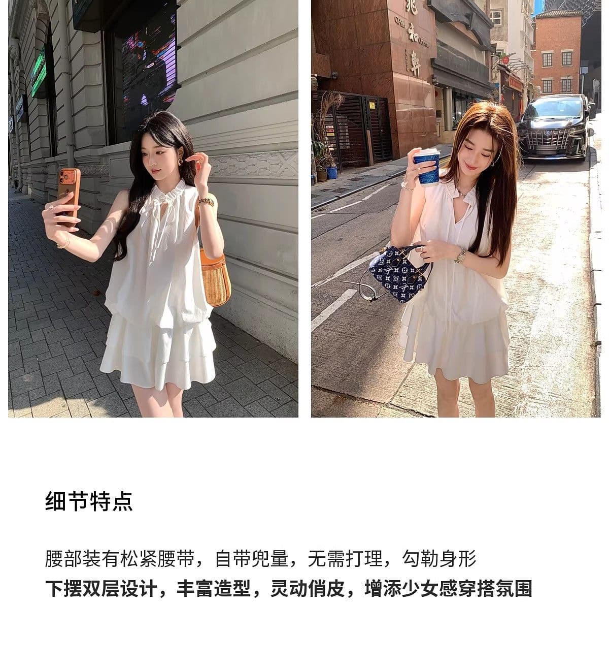 부드러운 바람 V넥 레이스업 황색 꽃밭 여성 드레스 새로운 다용도 슬림해 보이는 한 마디 민소매 미니 스커트 반바지 세트 상세 이미지 1