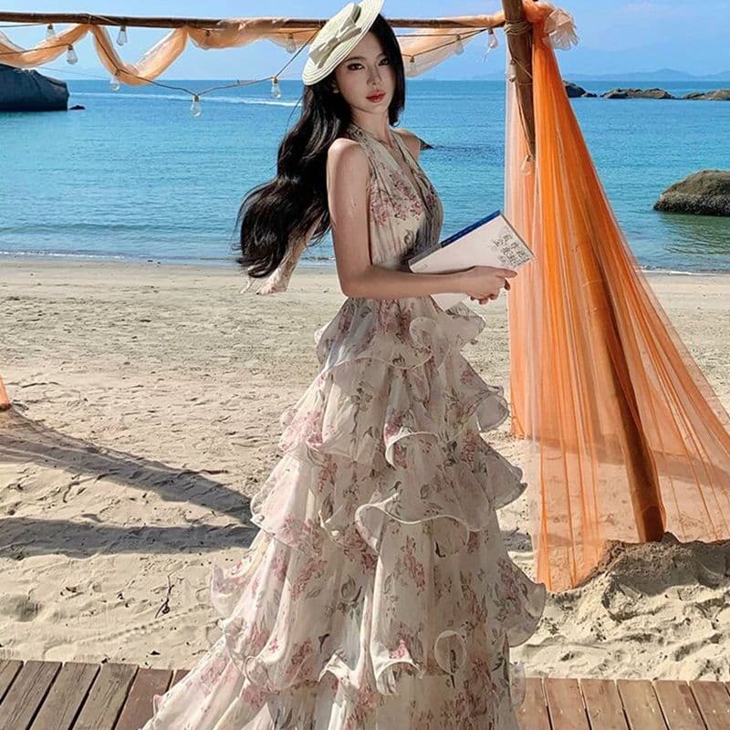 원본 것 있음 네리 프랑스식 새로운 부드러운 바람 자이언트 잘 생긴 ~ 중 V넥 꽃무늬 케이크 퍼프 슬립 롱 스커트 이미지 3
