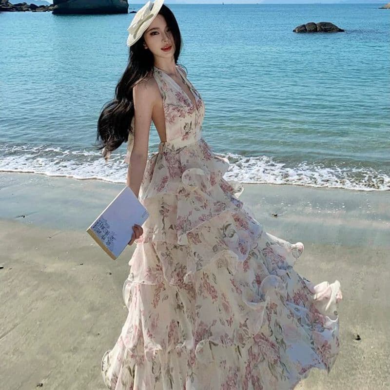 원본 것 있음 네리 프랑스식 새로운 부드러운 바람 자이언트 잘 생긴 ~ 중 V넥 꽃무늬 케이크 퍼프 슬립 롱 스커트 이미지 2