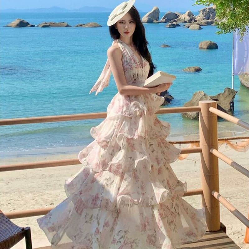 원본 것 있음 네리 프랑스식 새로운 부드러운 바람 자이언트 잘 생긴 ~ 중 V넥 꽃무늬 케이크 퍼프 슬립 롱 스커트 이미지 5