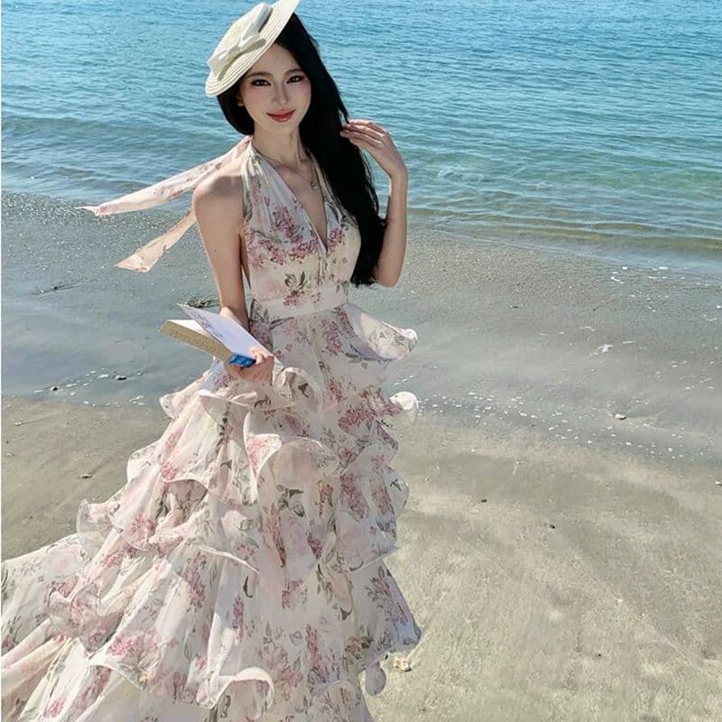 원본 것 있음 네리 프랑스식 새로운 부드러운 바람 자이언트 잘 생긴 ~ 중 V넥 꽃무늬 케이크 퍼프 슬립 롱 스커트 이미지 4