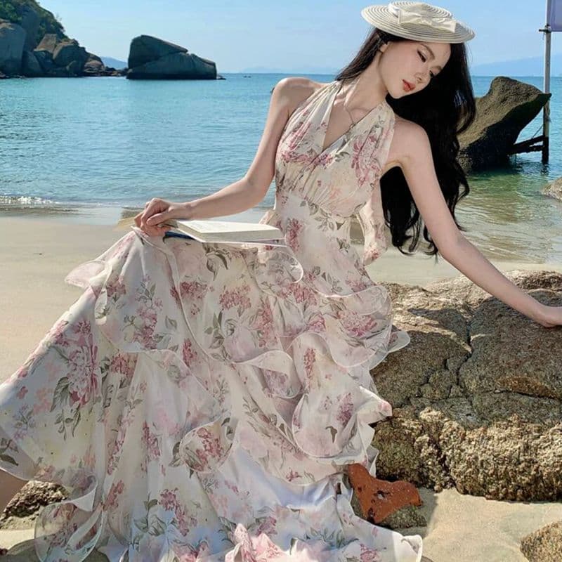 원본 것 있음 네리 프랑스식 새로운 부드러운 바람 자이언트 잘 생긴 ~ 중 V넥 꽃무늬 케이크 퍼프 슬립 롱 스커트