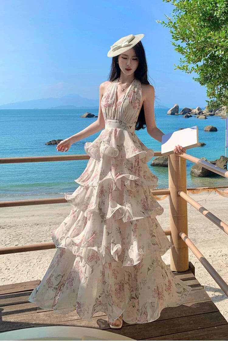 원본 것 있음 네리 프랑스식 새로운 부드러운 바람 자이언트 잘 생긴 ~ 중 V넥 꽃무늬 케이크 퍼프 슬립 롱 스커트 상세 이미지 1