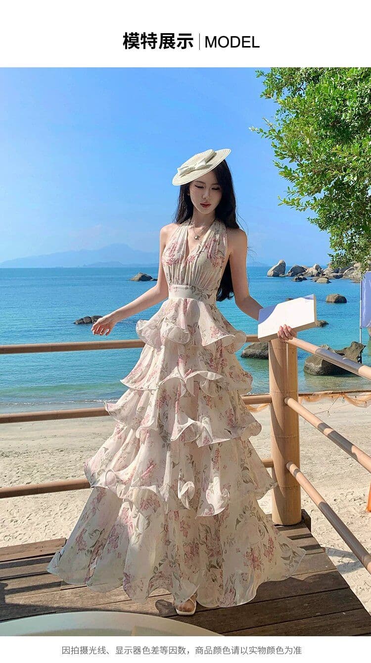 원본 것 있음 네리 프랑스식 새로운 부드러운 바람 자이언트 잘 생긴 ~ 중 V넥 꽃무늬 케이크 퍼프 슬립 롱 스커트 상세 이미지 6