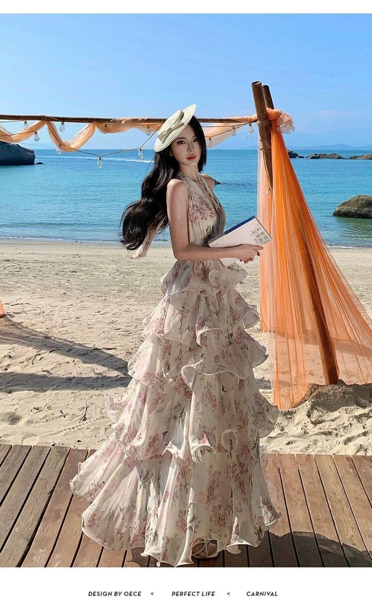 원본 것 있음 네리 프랑스식 새로운 부드러운 바람 자이언트 잘 생긴 ~ 중 V넥 꽃무늬 케이크 퍼프 슬립 롱 스커트 상세 이미지 7