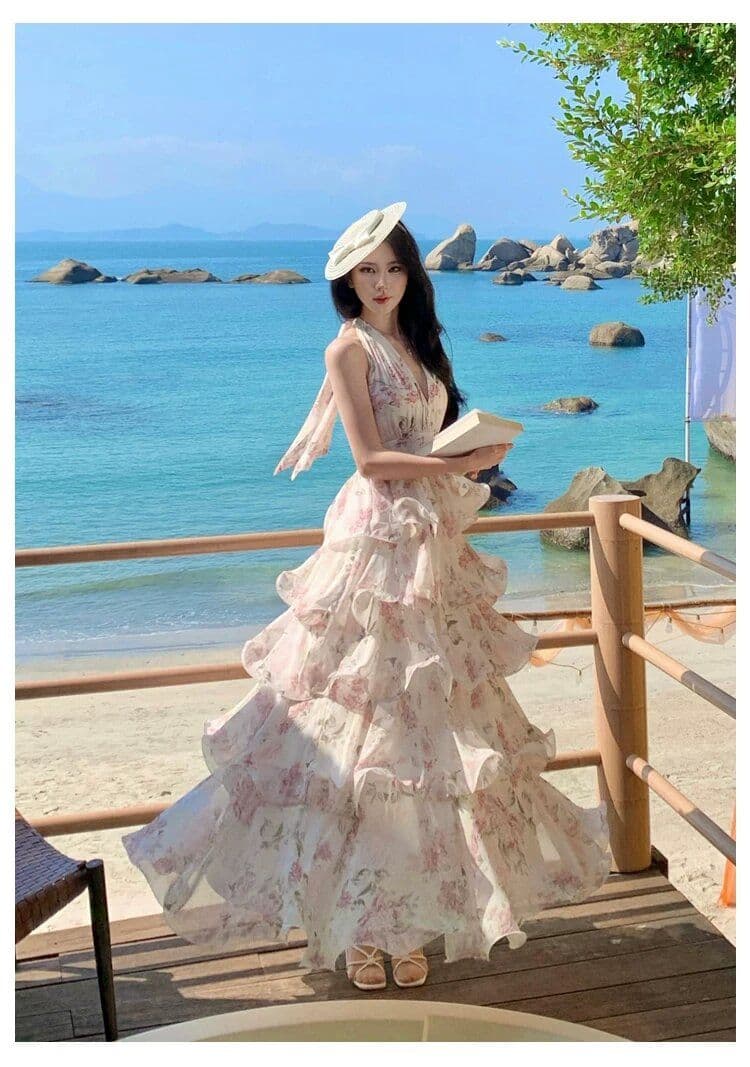 원본 것 있음 네리 프랑스식 새로운 부드러운 바람 자이언트 잘 생긴 ~ 중 V넥 꽃무늬 케이크 퍼프 슬립 롱 스커트 상세 이미지 9