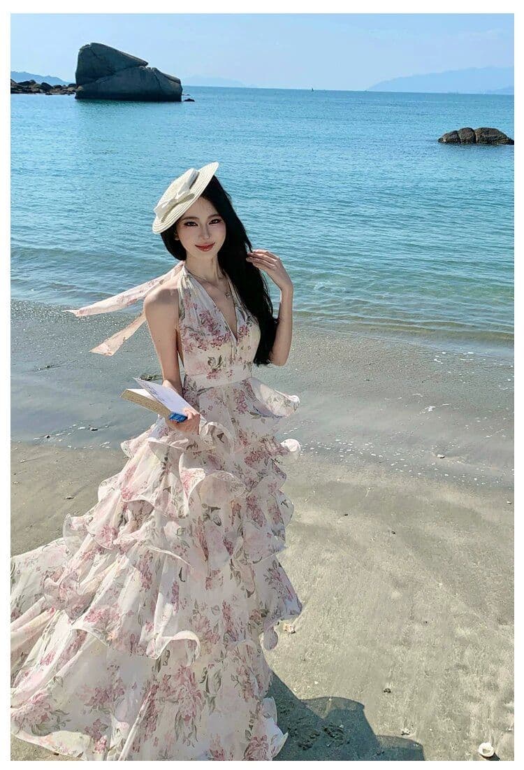 원본 것 있음 네리 프랑스식 새로운 부드러운 바람 자이언트 잘 생긴 ~ 중 V넥 꽃무늬 케이크 퍼프 슬립 롱 스커트 상세 이미지 11