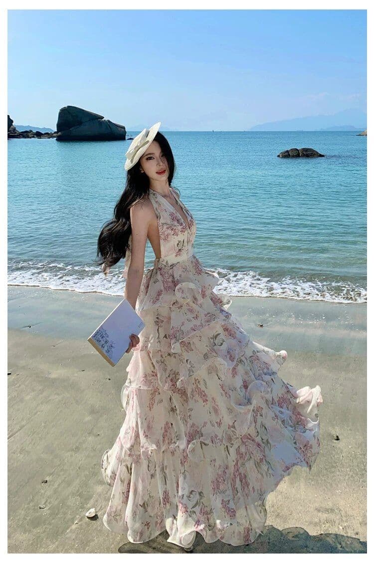 원본 것 있음 네리 프랑스식 새로운 부드러운 바람 자이언트 잘 생긴 ~ 중 V넥 꽃무늬 케이크 퍼프 슬립 롱 스커트 상세 이미지 14
