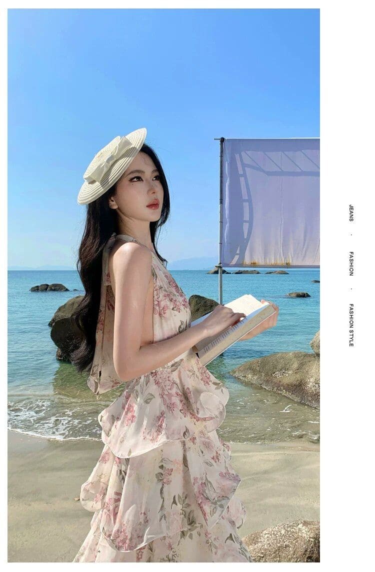 원본 것 있음 네리 프랑스식 새로운 부드러운 바람 자이언트 잘 생긴 ~ 중 V넥 꽃무늬 케이크 퍼프 슬립 롱 스커트 상세 이미지 15