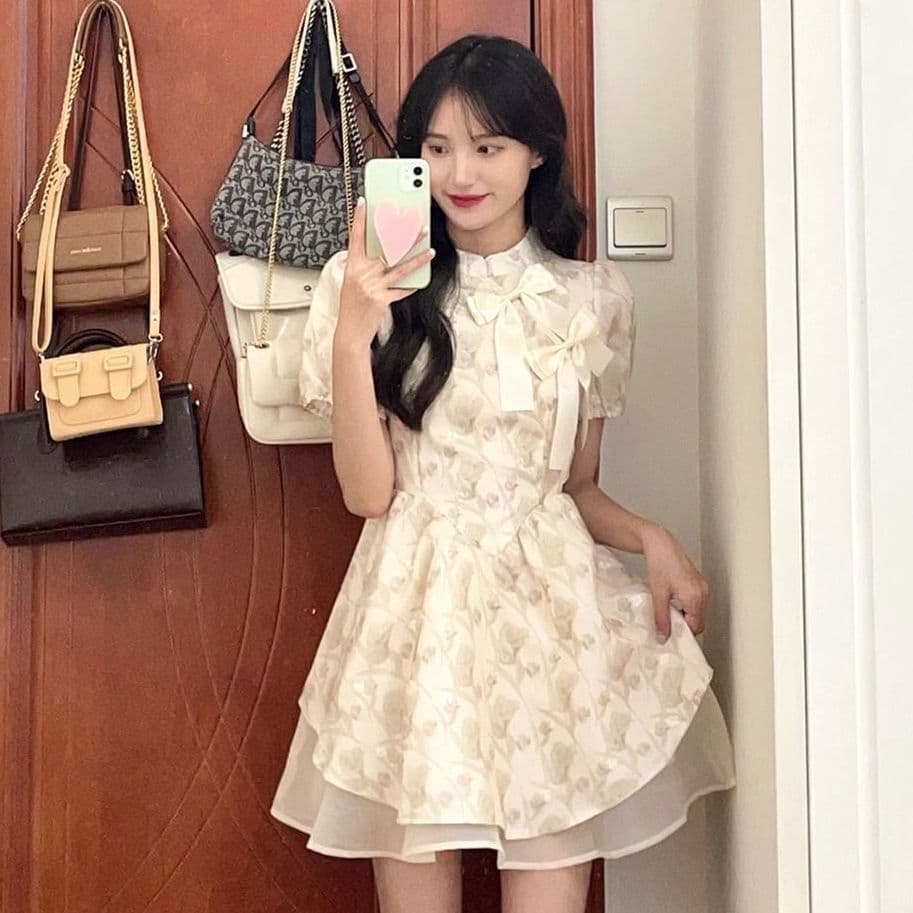 새로운 중식 허리 수축 슬림해 보이는 퍼프 스커트 여성 2026 여름 새로운 디자인 센스 거품 소매 꽃무늬 드레스 학원 이미지 4
