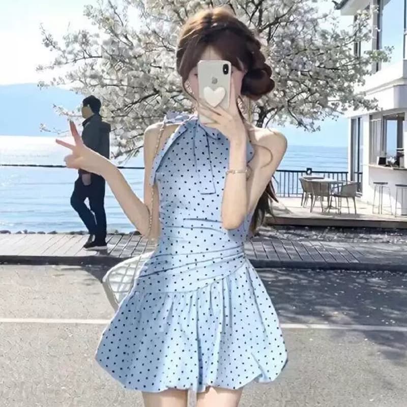 네리 프랑스식 파란색 도트 무늬 행침 목 레이스업 여성 드레스 허리 수축 슬림해 보이는 품격 꽃밭 치마 이미지 3