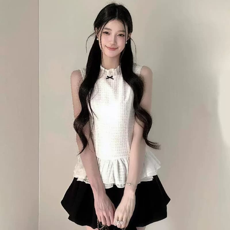 한 부서 품격 천 금빛 바람 민소매 체크무늬 꽃밭 작은 키 미니 스커트 슈퍼 화재 여름 드레스 전체 집합