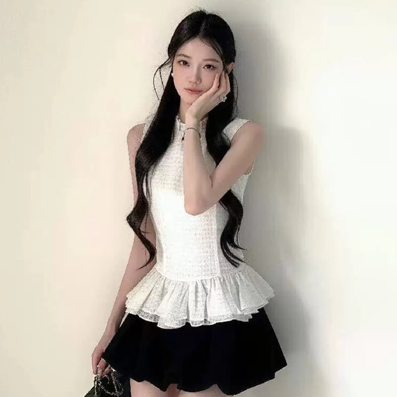 한 부서 품격 천 금빛 바람 민소매 체크무늬 꽃밭 작은 키 미니 스커트 슈퍼 화재 여름 드레스 전체 집합 이미지 2