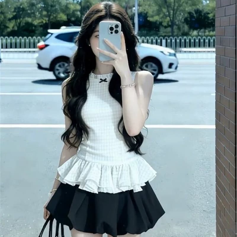 한 부서 천 골드 품격 민소매 허리 수축 맨위 전체 집합 꽃밭 투피스 조끼 미니 스커트 세트 상세 이미지 3