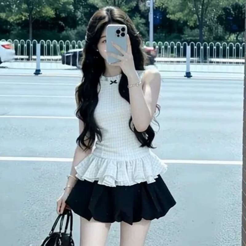 한 부서 천 골드 품격 민소매 허리 수축 맨위 전체 집합 꽃밭 투피스 조끼 미니 스커트 세트 상세 이미지 5